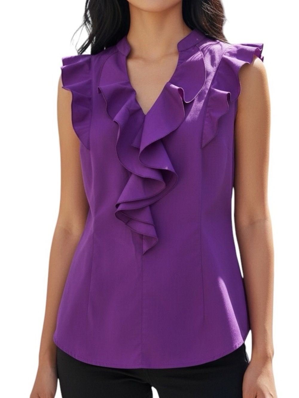 Worthington Top Purple Ruffled Sleeveless Blouse V-Neck Size Medium